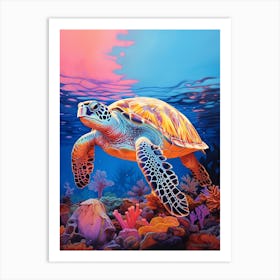 Vivid Sea Turtles In Ocean At Sunset 1 Art Print