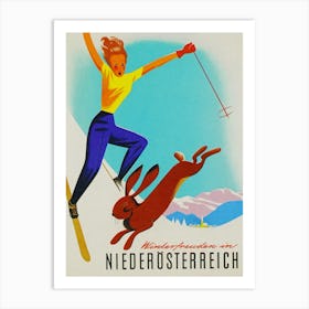 Woman Skier and Rabbit Vintage Ski Poster Art Print