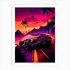 Futuristic Car, Synthwave aesthetic sport car with palms [synthwave/vaporwave/cyberpunk] — aesthetic poster, retrowave poster, vaporwave poster, neon poster Art Print