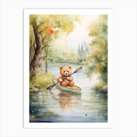 Canoeing Teddy Bear Painting Watercolour 3 Art Print