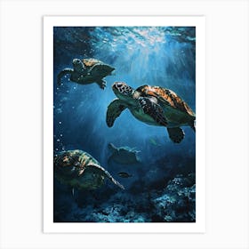 Sea Turtles Illuminated By The Light Underwater 3 Art Print