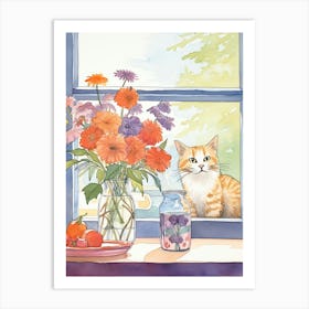 Cat With Zinnia Flowers Watercolor Mothers Day Valentines 1 Art Print