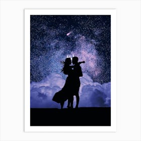 Couple Kissing Under The Sky Full Stars Art Print