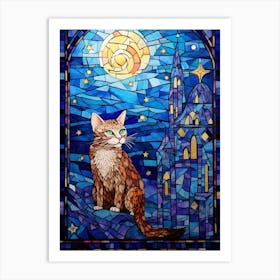 Stained Glass Of A Cat Under The Moonlight And Stars Art Print