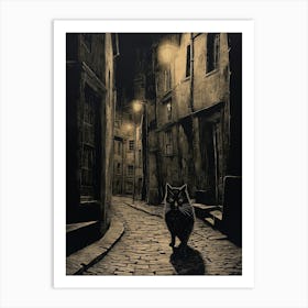 Black Cat At Night In Medieval Cobbled Street Art Print
