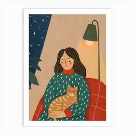 Woman Holding a Cat at Home on A Couch Sofa and Lamp Art Print