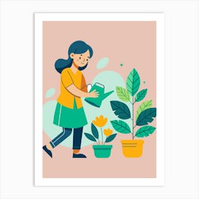 Woman Watering Plant Art Print