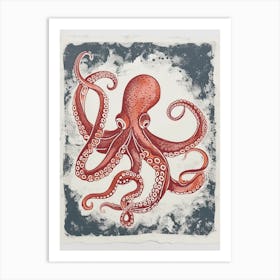 Red Octopus Deep In The Ocean Linocut Style Art Print