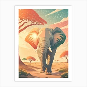 Elephant, Sunset Light In Forest; Animal Wildlife; Old Baobab Tree Art Print