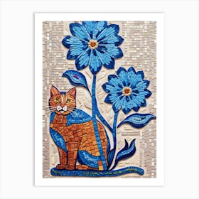 Mosaic Cat With Blue Flowers 1 Art Print