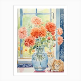 Cat With Chrysanthemum Flowers Watercolor Mothers Day Valentines 3 Art Print