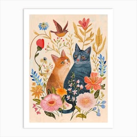 Folksy Floral Animal Drawing Cat Art Print