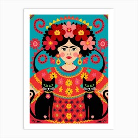 Mexican Lady With Cats Art Print