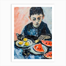 Portrait Of A Boy With Black Cats Eating A Sandia Art Print