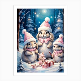 Winter Themed Painting Of Adorable Christmas Bunnies Donning Santa Hats Each Snuggled In Their Past 1 Art Print