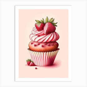 Strawberry Cupcakes, Dessert, Food Retro Drawing Art Print