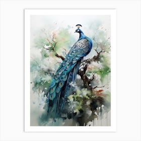 Peacock, Japanese Brush Painting, Ukiyo E, Minimal 1 Art Print