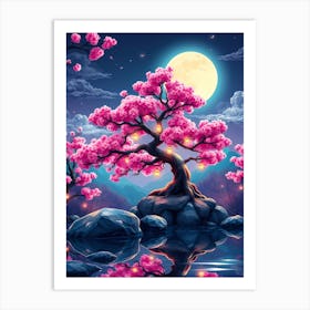 Sakura Tree With Moon Art Print