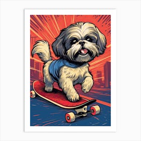 Shih Tzu Dog Skateboarding Illustration 1 Art Print