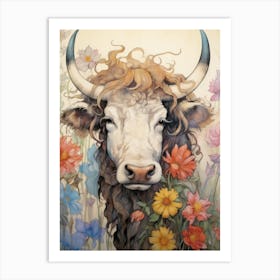 Cow With Wildflowers Art Print