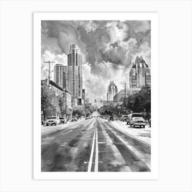 South Congress Avenue Austin Texas Black And White Watercolour 4 Art Print