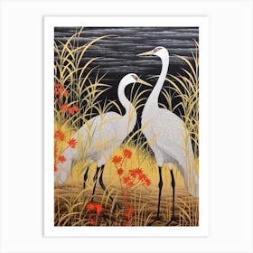 Cranes In Silver Grass Vintage Japanese Botanical Art Print