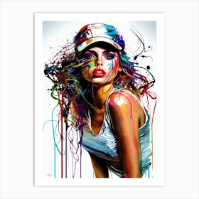 Major Leaguer - Model Girl With Baseball Cap Paint Splatters Art Print