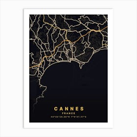 Cannes Alpes France Black And Gold Map Art Print