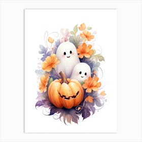 Cute Ghost With Pumpkins Halloween Watercolour 29 Art Print