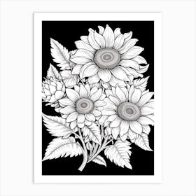 Sunflowers In Black And White Line Art 1 Art Print
