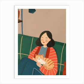 Woman with A Cat on A Couch Sofa Art Print