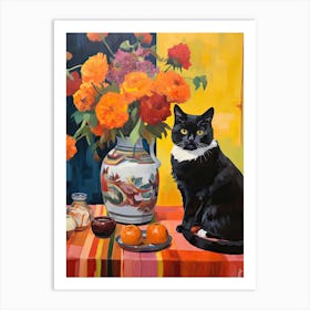 Marigold Flower Vase And A Cat, A Painting In The Style Of Matisse 4 Art Print