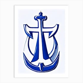 Anchor Symbol 1, Blue And White Line Drawing Art Print
