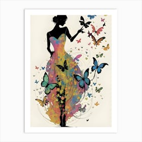 The men's silhouette is slender and minimalist, with soft and elegant lines. Her dress is made up of multicolored butterflies that seem to dance around her, creating an ethereal and delicate effect. The butterflies vary in size and hue, adding a touch of dynamism and joy to the image. The woman appears to be in harmony with nature, symbolized by the butterflies that adorn her dress. 1 Art Print