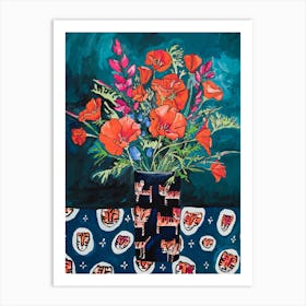 California Poppy Bouquet In Tiger Vase On Emerald Still Life Painting Art Print