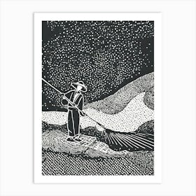 A Japanese Fisherman Casting A Net At Twilight Ukiyo-E Style Art Print