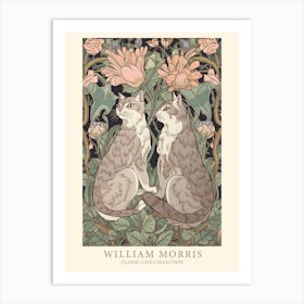 William Morris  Inspired  Classic Cats Pink Green Floral Art Print