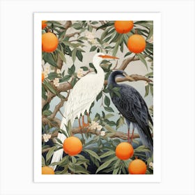 Mandarin Oranges And Cranes 2 Vintage Japanese Botanical Art Print