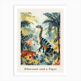 Dinosaur And A Tiger In A Tropical Rainforest Poster Art Print