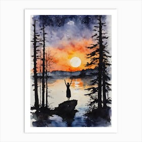 Sunset By The Lake - Full Moon Abundance Adoration Gratitude Contemplating Serenity Calm Yoga Meditating Spiritual Grounding Heart Open Buddhist Indian Travel Guidance Wisdom Peace Love Witchy Beautiful Watercolor Woman Trees Blue Silhouette Art Print