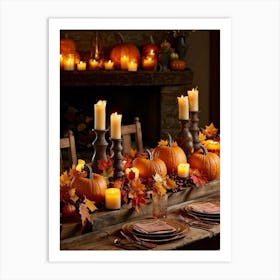 Autumn Table Decoration Cascading Leaves Of Warm Hues Rest Atop Smooth Pumpkins With Textured Exter (3) Art Print