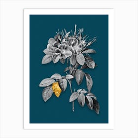 Vintage Pasture Rose Black and White Gold Leaf Floral Art on Teal Blue n.1059 Art Print