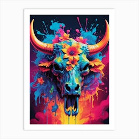 Floral Bull Skull Neon Iridescent Painting (12) Art Print
