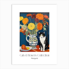 Cats & Flowers Collection Marigold Flower Vase And A Cat, A Painting In The Style Of Matisse 3 Art Print