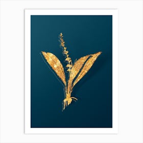 Vintage Peliosanthes Teta Botanical in Gold on Teal Blue n.0278 Art Print