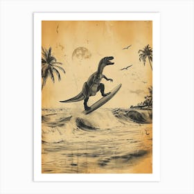 Vintage Giganotosaurus Dinosaur On A Surf Board 1 Art Print