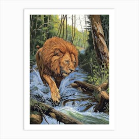 African Lion Relief Illustration Crossing A River 1 Art Print