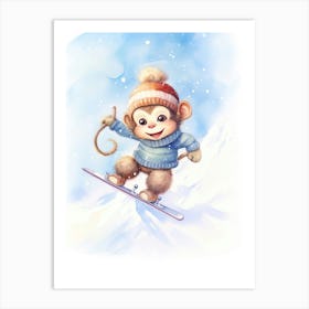 Monkey Painting Skiing Watercolour 4 Art Print