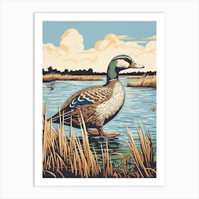 Vintage Bird Linocut Mallard Duck 3 Art Print