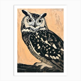 Collared Scops Owl Linocut Blockprint 2 Art Print